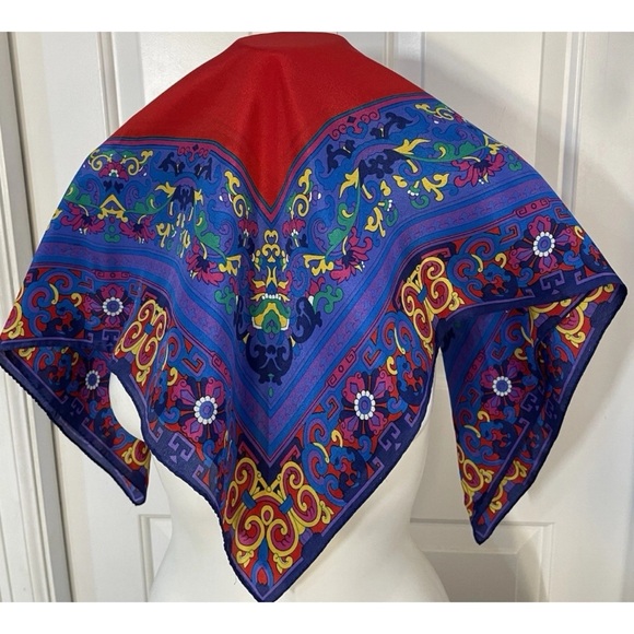 Liz Claiborne Silk Square Scarf Blue Red Yellow Floral Geometric 31" x 31" Vtg - Picture 7 of 7